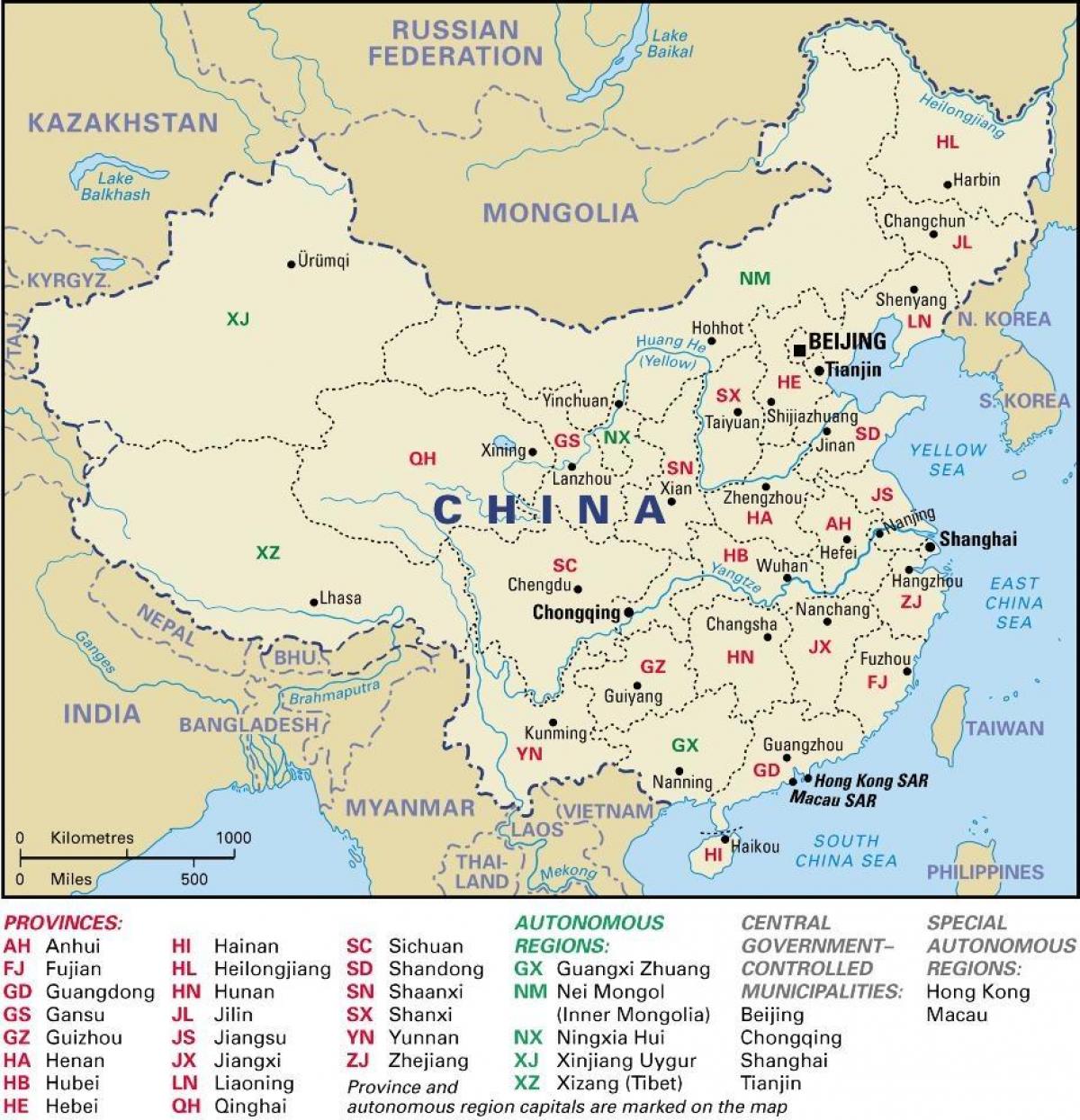 peta dari China provinsi dan ibukota